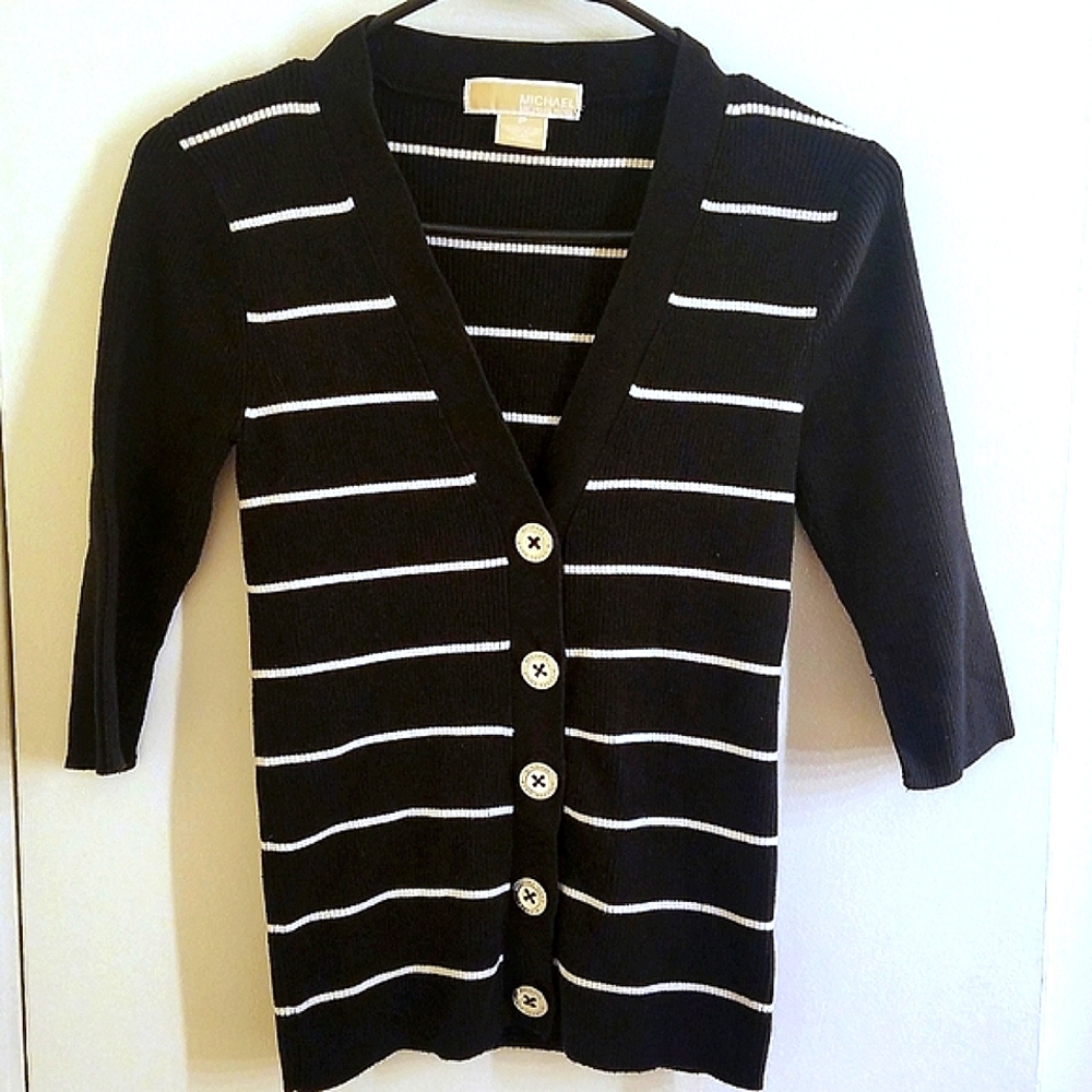 ​MICHAEL Michael Kors Striped V-Neck Cardigan Petite P Silver Logo Buttons